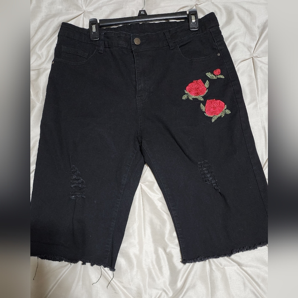 Black Denim Shorts with Red Rose Embroidery